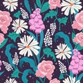 70Ã¢â¬â¢s cute seamless smiling daisy repeat pattern with flowers. Floral hippie pink pastel vector background. Royalty Free Stock Photo